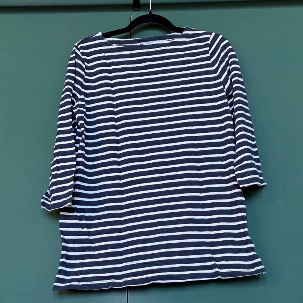 Duluth Trading Co Navy and White Striped Long Sleeve Tee